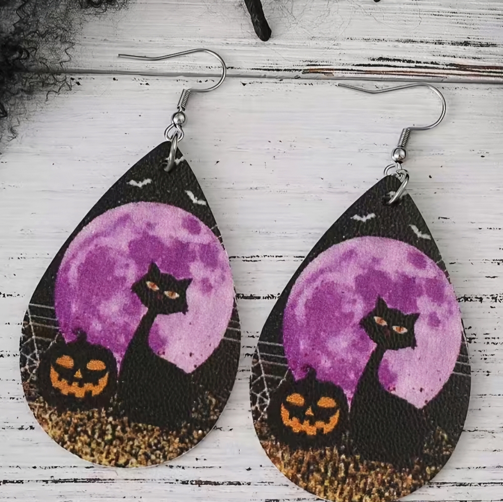 Halloween Cat and Pumpkin Earrings - Purple and Black